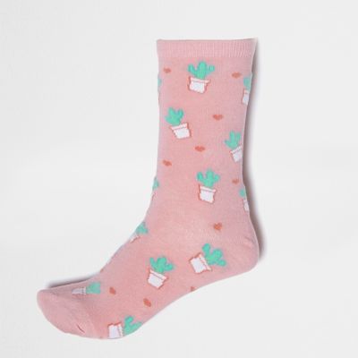 Pink cactus and heart print socks
